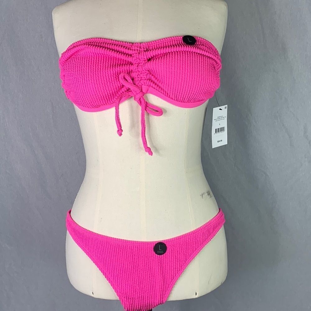 Cotton On Gathered Backless Halter Bikini Top & Bottom Aurora Pink Crinkle L
